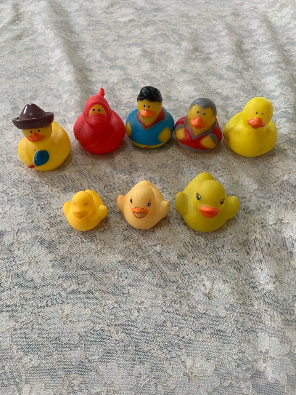 Lot of 8 Assorted Rubber Ducks - Superhero, Cowboy, Novelty Jeep Ducks